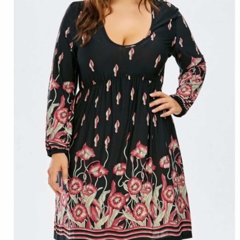 New Plus Size Floral Long Sleeve Dress